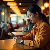 Junge Frau in modernem Restaurant und Handy in der Hand