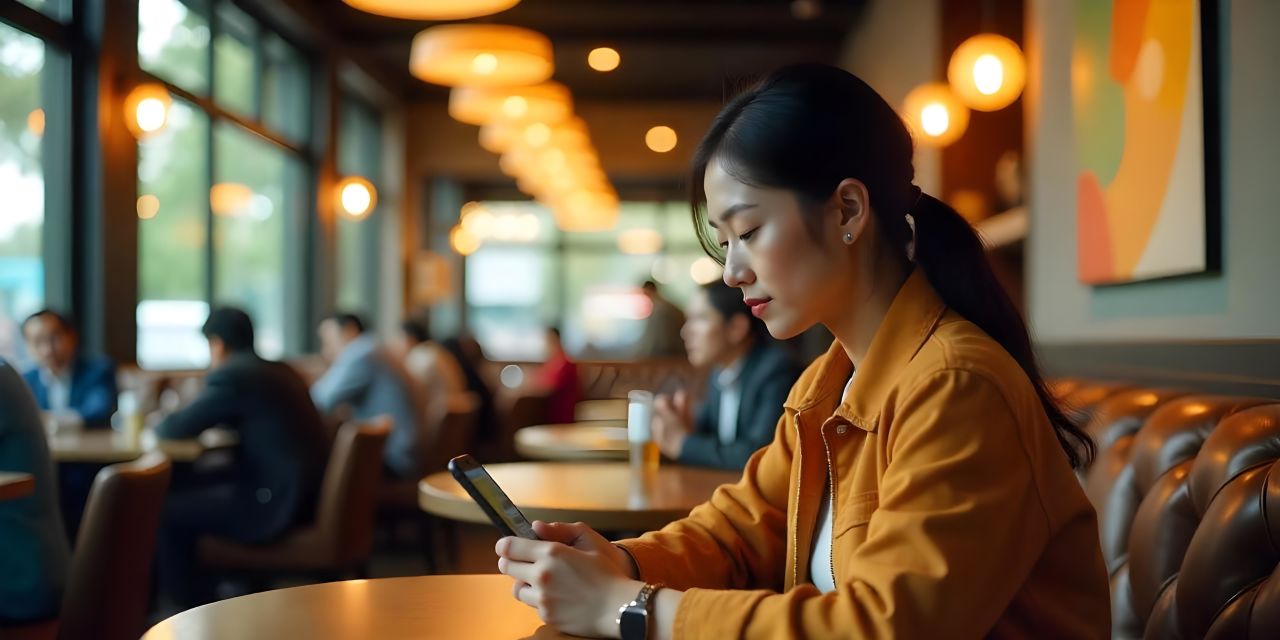 Junge Frau in modernem Restaurant und Handy in der Hand